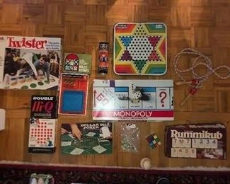 Vintage Games:
Twister
Rummikub
Monopoly 
Chinese Checkers
Jump Rope
Double II I Q
Dollar Bill Poker
Pick Up Sticks
Mille Bournes
Rubiks Cube