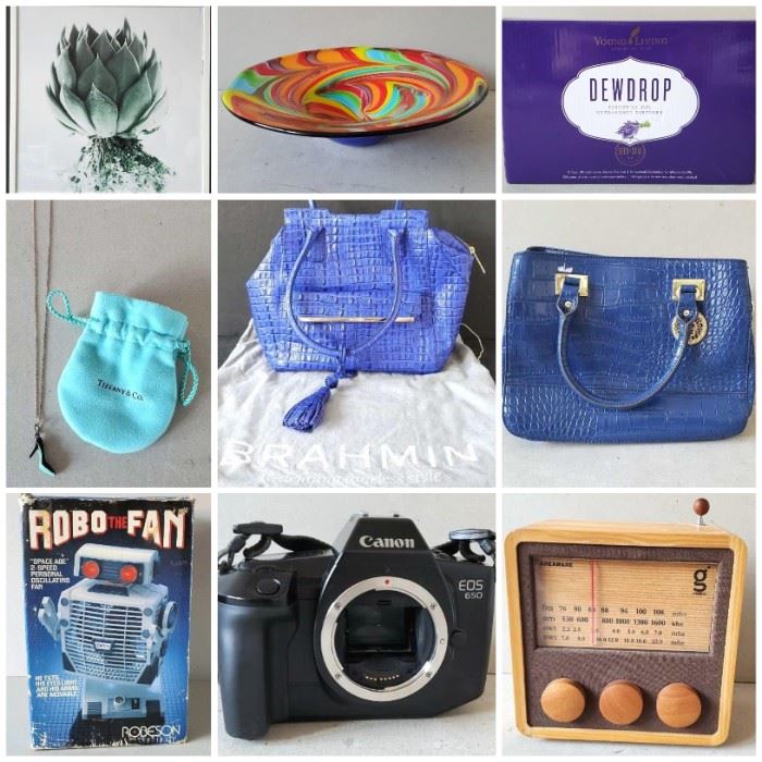 Stunning New Brahmin Indigo Strada Leather Tucker Tote - New Ruffoni Convivium Hammered Copper Stockpot - LG Plasma TV - New Infans Portable Changing Table - Magno Table Wooden Radio - Vintage Robo The Fan In Box - Tiffany & Co. Sterling Silver Necklace - Swarovski Horn Slice Necklace - Dark Toned Wood Four Poster Bed - Young Living Dew Drop Diffuser -