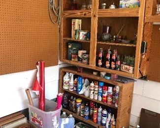 household cleaning chemicals and supplies, wrapping paper, wooden picture frames, 