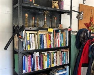 brass candlesticks, assorted books, Chilton repair manual