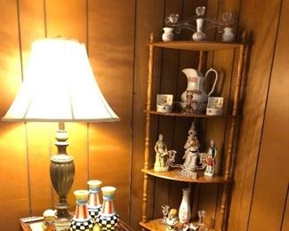 vintage end table, lamp, corner cabinet, home decor