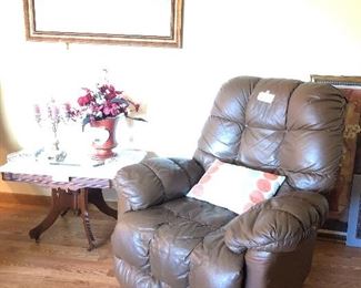 recliner, antique marble top coffee table