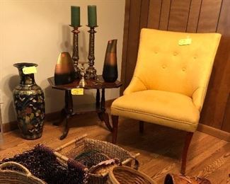 baskets, upholstered chairs, home decor, small wooden side table