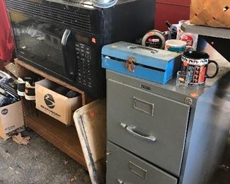 microwave, filing cabinet