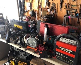 battery charger, shop lights, circular saws
