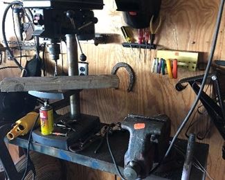 Craftsman drill press, bench vice, welding hood, work bench