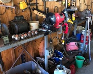 hitches, bench grinder, sprayer, clamps, wrenches...