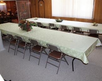 4 BANQUET TABLES, FOLDING CHAIRS (SOLD IN SETS OF 4)