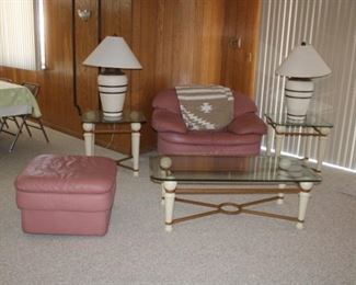 2 END TABLES, COFFEE TABLE, 2 LAMPS, PINK LEATHER CHAIR W/OTTOMAN