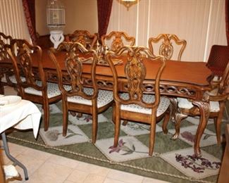 WOOD DINING TABLE W/EXTENSIONS, PADS & 8 CHAIRS