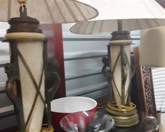 Example of pairs of lamps. These are heavy marblized material. $125. Red bowl with white lining $20