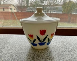 CLEARANCE !  $25.00 NOW, WAS $80.00...............Fireking Tulip Covered Grease Jar , mint condition   (P288)