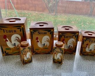 CLEARANCE !  $30.00 NOW, WAS $80.00..............Nice Old Chicken Canister Set with Salt & Pepper  (P254)