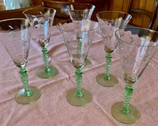 CLEARANCE !  $4.00 NOW, WAS $12.00...............Green Stem Depression Glasses, few small chips (P154)