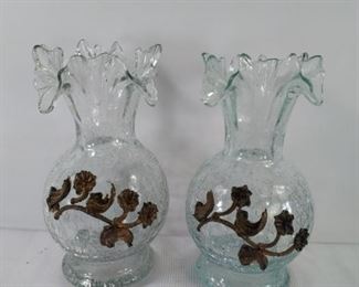 vintage clear crackle glass vase pair