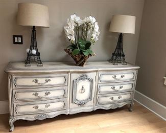 Beautiful Gray Distressed Cabinet, Pr. of Eiffel Tower Lamps, Floral Decor