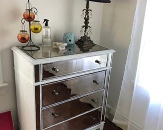 Mirrored Chest of Drawers, Pair of Lamps