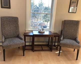Pair of Gray Leopard Print Chairs,  3 Wood Parquetry Nested Tables 