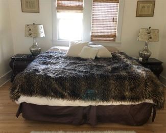 King Bed, Restoration Hardware Faux Throw, Pair of Century Side Tables , Pair of Mercury Glass Lamps w/ French Script Shades