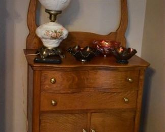Beautiful Antique Washstand with Ox Bow Towel Rack, Serpentine Front with 3 Drawers and 2 Cabinet Doors