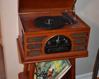 Radio, CD, and Cassette Player with Turn Table and Vintage Table with Record Holder