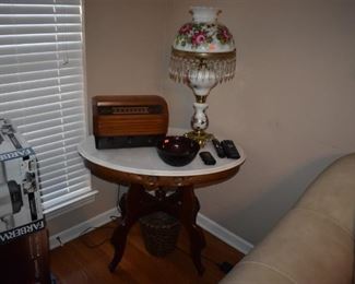 Antique Radio, Antique Marble Top Table, Beautiful Antique Table Lamp and More!