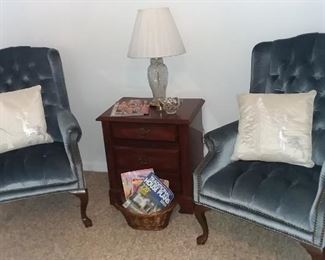 Pair of Queen Anne Blue Velvet Wing Chairs