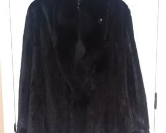 Henig Black Mink Fur Coat w/ Fox Collar 