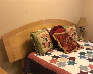 This bedroom furniture is set up with queen mattresses but will work with king also, due to the unique headboard. This modern set is in great condition includes the HB, mattresses, frame, two nightstands, a long dresser & mirror. $400