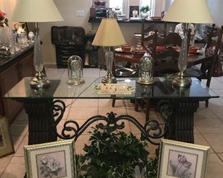 5' beveled glass entry/foyer/sofa table with metal detailing and heavy side bases. Great condition! $250