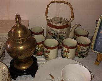 tea set and brass ginger jar
