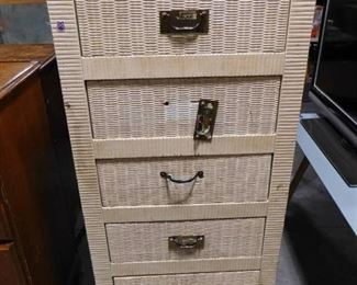 6 drawer white wicker style chest of drawers 56 1/2in H X 24 1/2in W X 18in D (needs new handles and drawer guide)