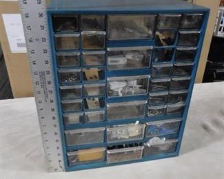 Blue storage container with multiple drawers that have misc. screws, nails, washers 18in H X 14 3/4in W X 6 1/2in D