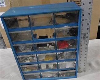 Blue storage container with multiple drawers that have misc. hardware 18 1/4in H X 14 5/16in W X 6 14in D