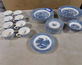 Currier & Ives "The Old Grist Mill" underglaze print by Royal dishware set- 34 piece set