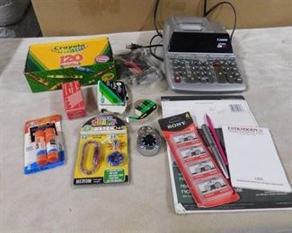 lot of misc. items including calculator, recipe drawer, crayons, stapler and time snapz watch