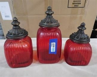 Set of 3 red matching canisters with lids