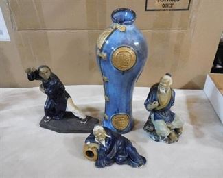 set of 3 chinese statues made in Wanjiang  China and decorative vase
