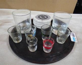 Serving tray with assorted shot glasses, 2 whiskey glasses and set of 4 coasters