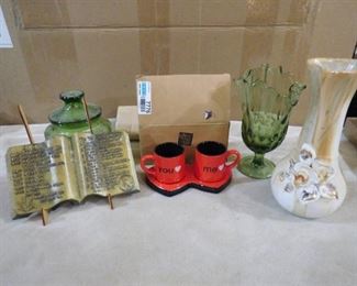 lot of assorted items including pair of me & you small coffee cups, 2 vases and glass bowl