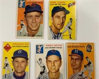 Lot of 5 Classic 1954 Topps Cards #14 Preacher Roe, #46 Ken Raffensberger, #200 Larry Jansen, #208 Grady Hatton, #210 Bob Buhl