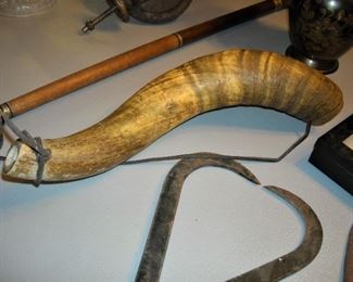 Brass horsehead topped cane, handmade powder horn, old ice tongs