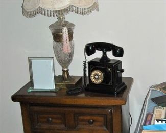 Pair of two matching nightstands.  Pair of very nice matching crystal lamps with gold embellishment.