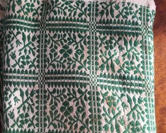 Green and White Wool woven coverlet $60