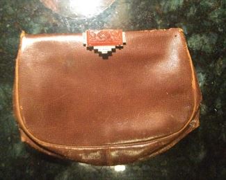 Leather clutch w art deco carnelian clasp $45
