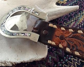 Sterling and Abalone with hand tooled leather belt $50
