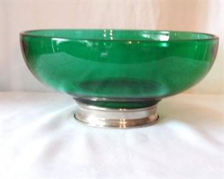 Large Green Glass Bowl w/ silver plate bottom