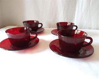 Four Vintage Ruby Glass Cups and Saucers