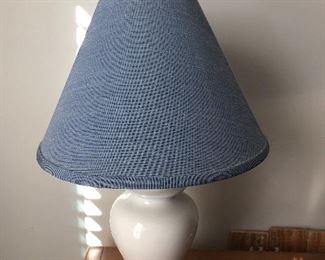 $24 / Nice size white ginger jar table lamp with nautical blue shade