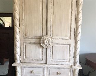 $110 / Unique whitewashed wardrobe or tv cabinet. Comes apart in two pieces.